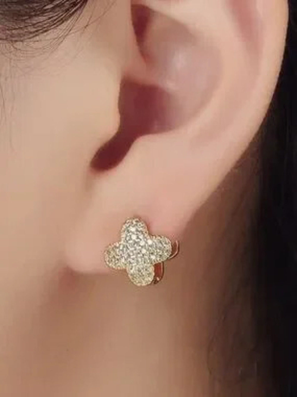 Gold Micro Pave CZ Quatrefoil Flower Huggies ( 5562)